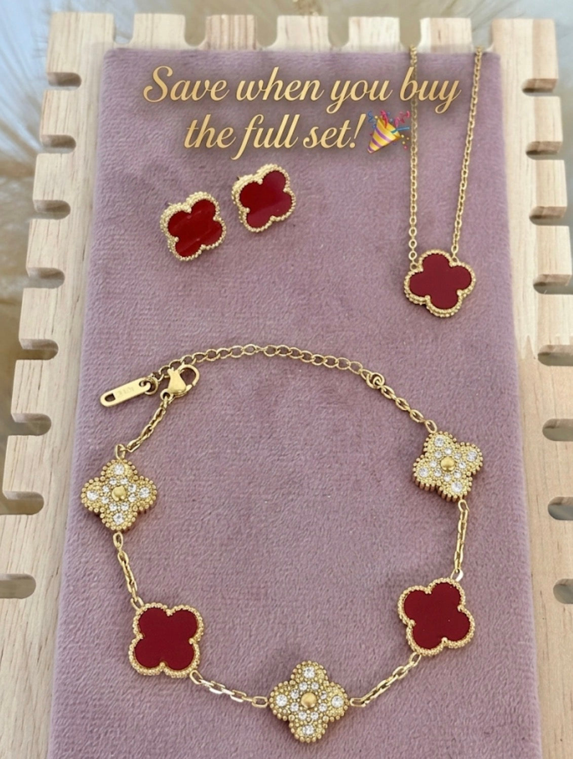 Deep Burgundy & Gold Rhinestone Clover Stainless Steel Jewelry Set: Necklace, Earrings, Bracelet