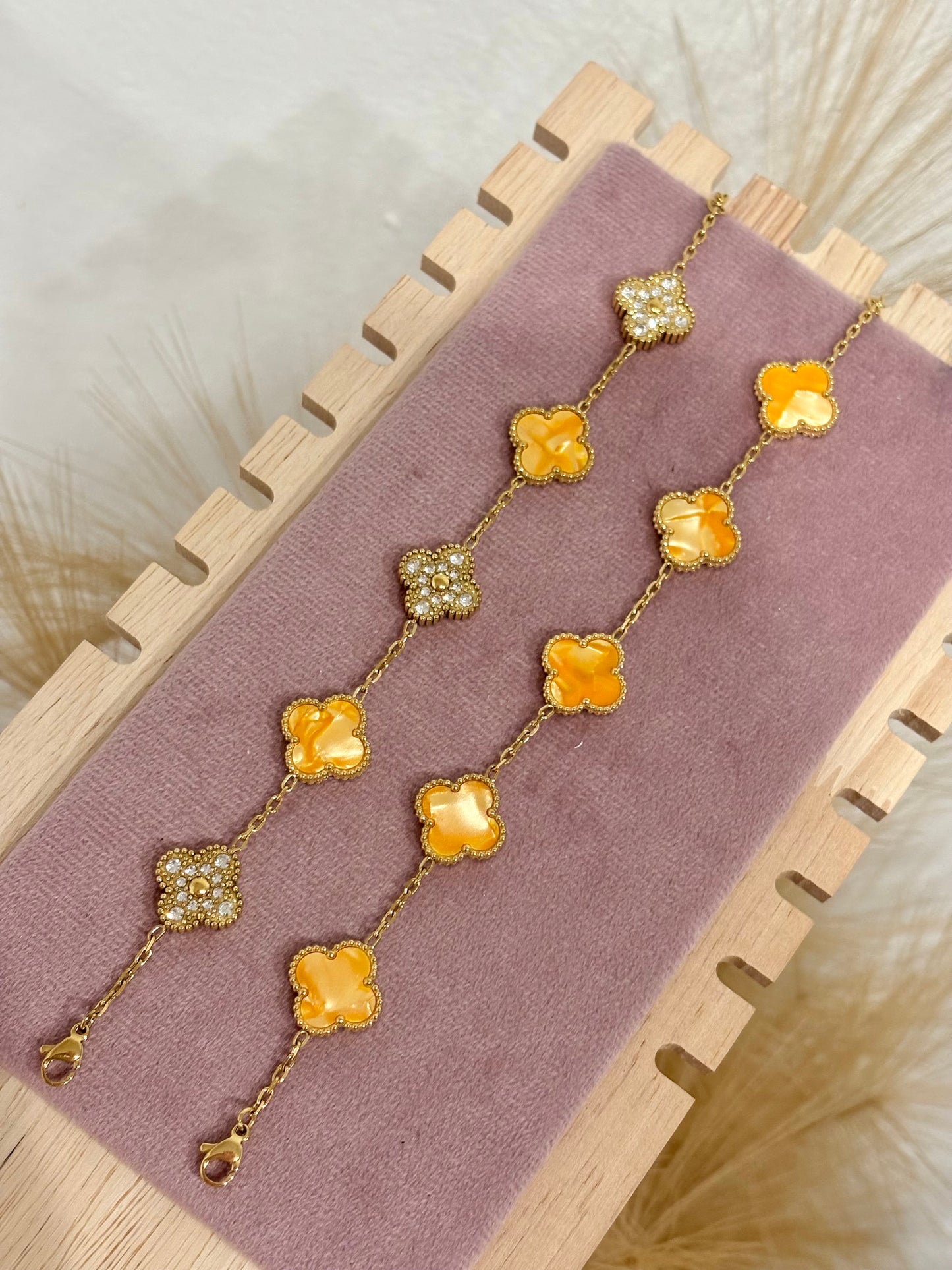 Sun-Kissed Orange Clover Stainless Steel Bracelet - Choose Your Style (Gold & Rhinestone)