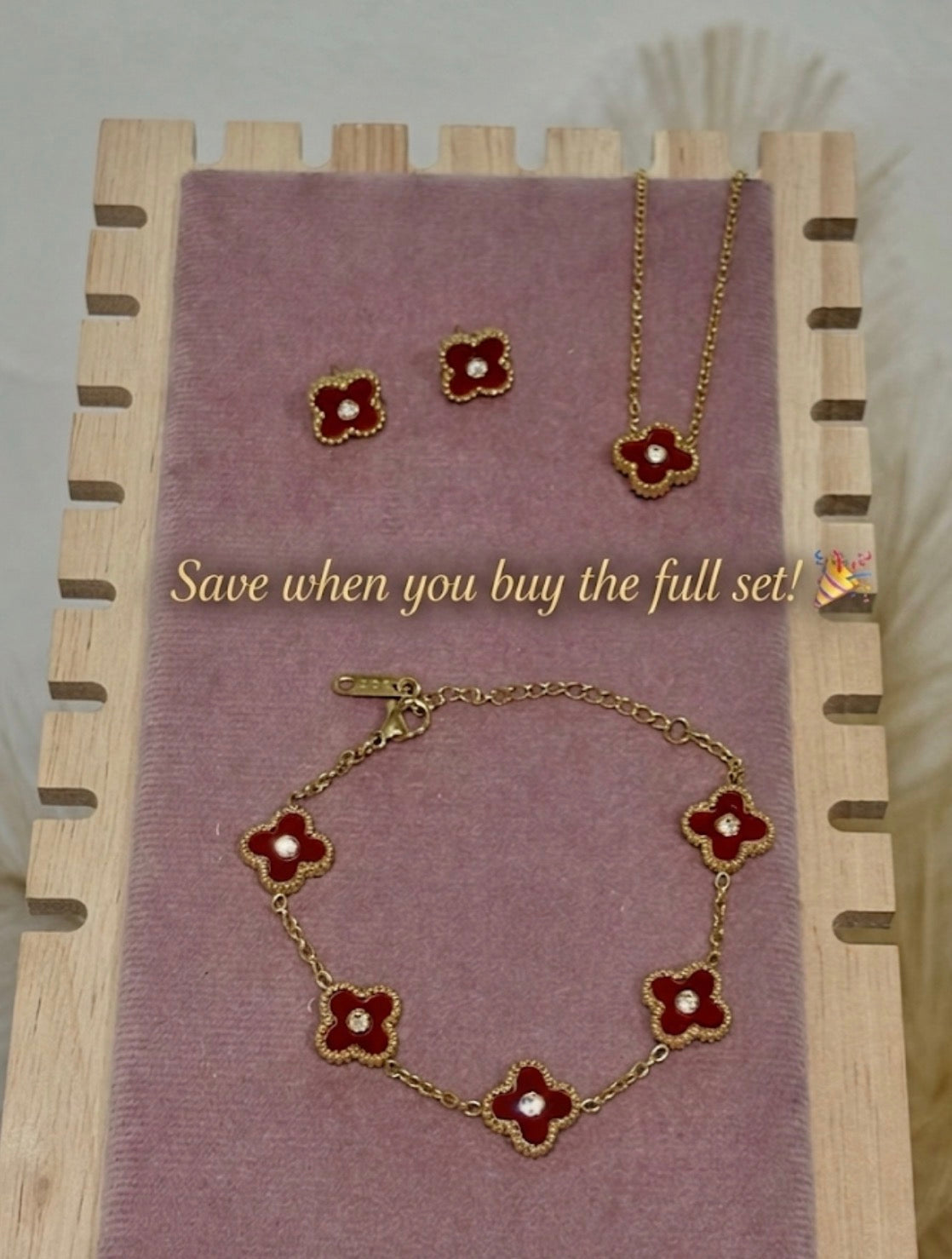 Red Mini Clover Rhinestone Center Stainless Steel Jewelry Set: Necklace, Earrings, Bracelet