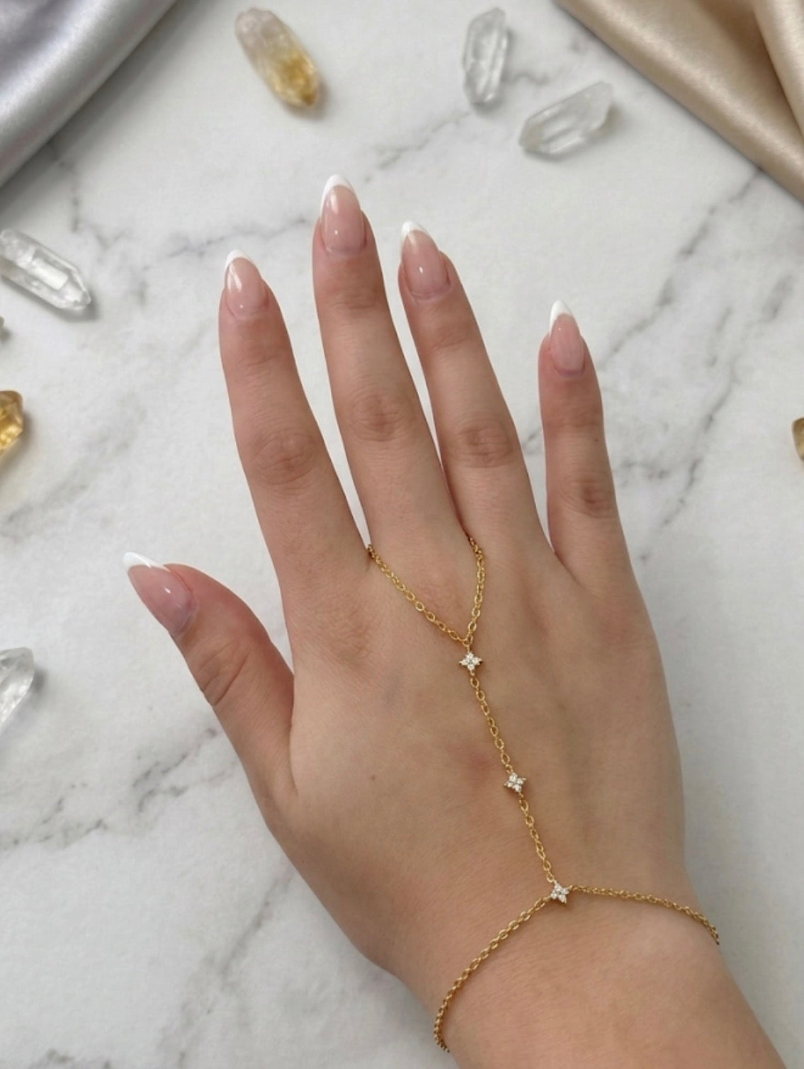 Dainty Rhinestone Clover Stainless Steel Hand Chain Bracelet