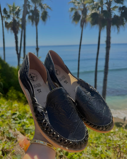 Patria Black Leather Huarache Flats