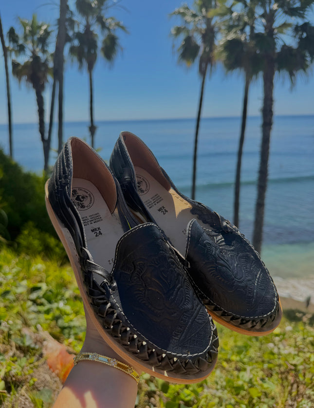 Patria Black Leather Huarache Flats