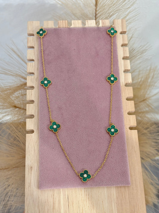 Green Mini 7 Clover Rhinestone Center Stainless Steel Necklace