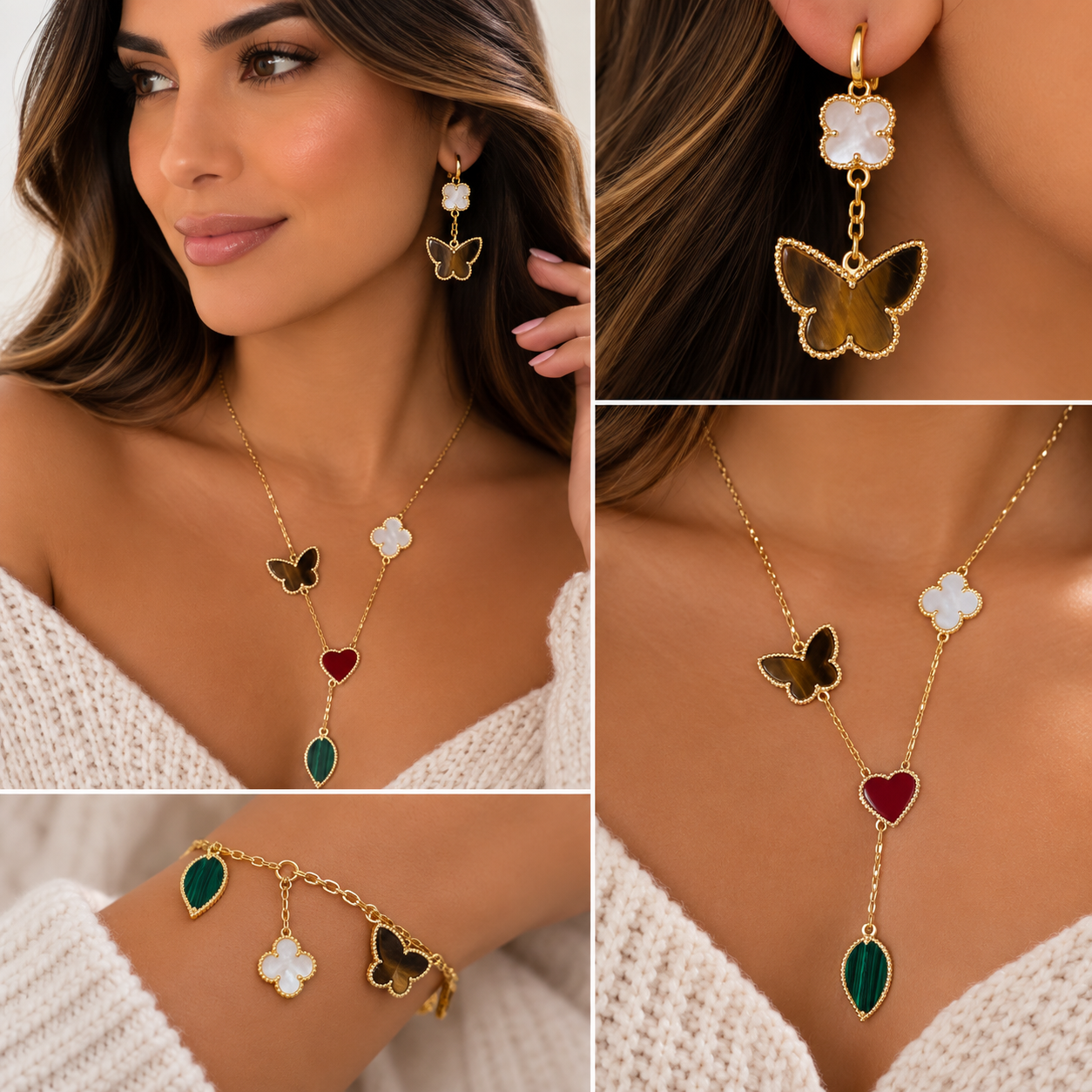Gold Enchanted Garden Tiger Eye Multi-Motif Luxe Jewelry Set (Stainless Steel & Gold Plated)