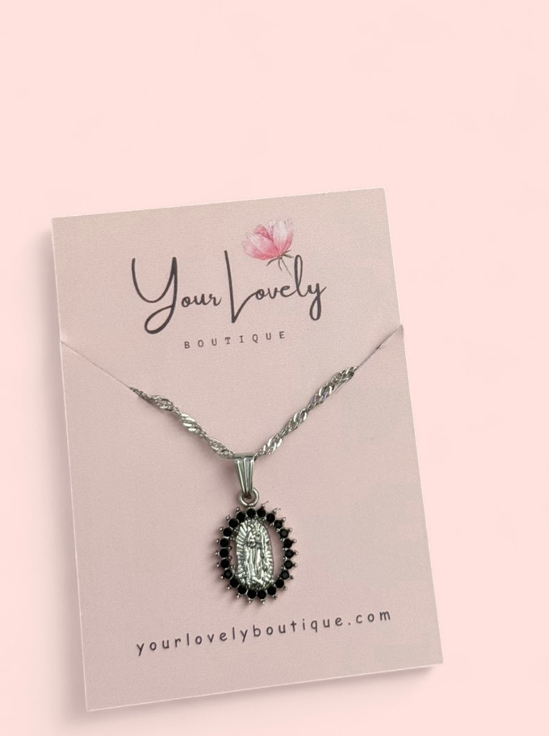Silver Black Virgin Mary Pendant Necklace