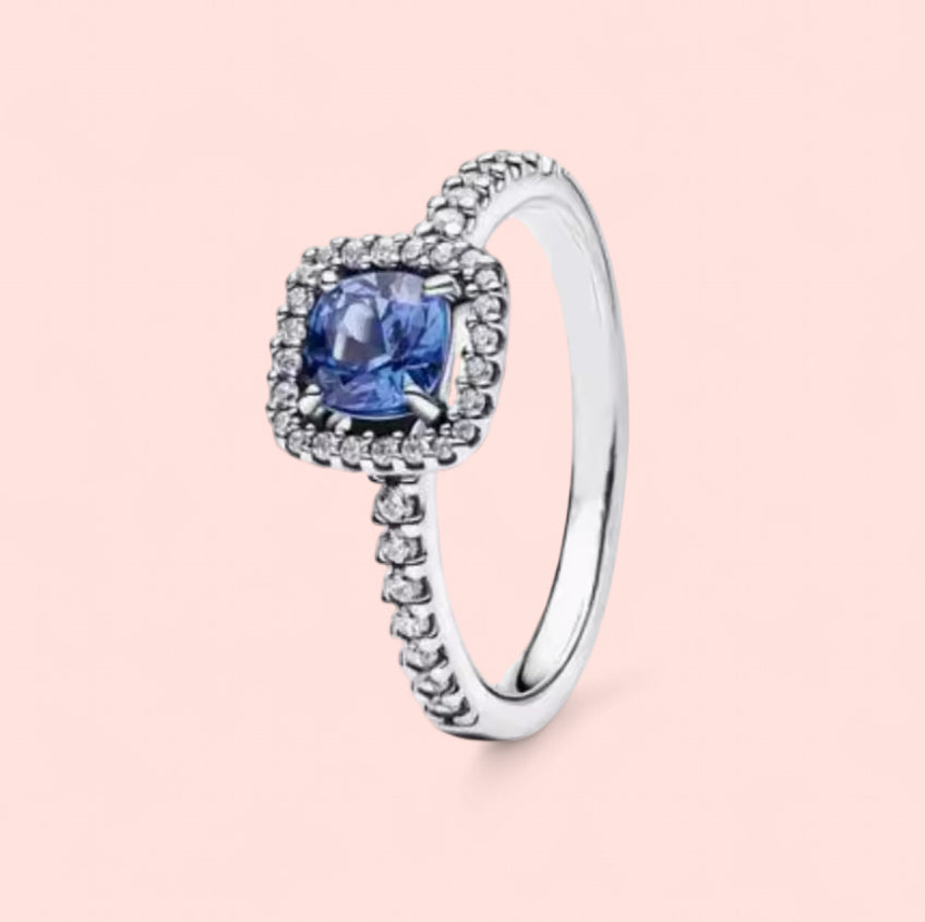 Sparkling Square Blue Halo Sterling Silver 925 Ring