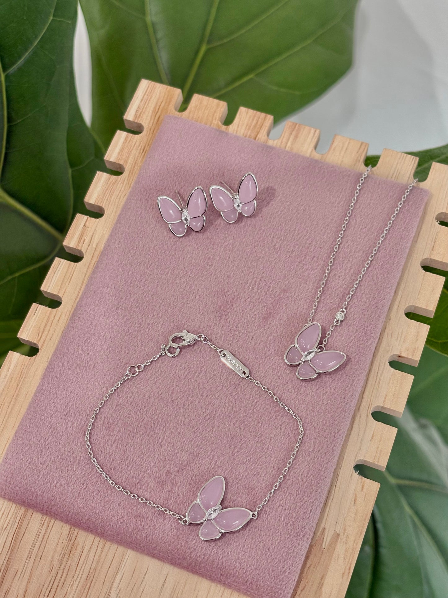 Rose Quartz Silver Butterfly Rhinestone Set: Necklace, Bracelet, Earrings