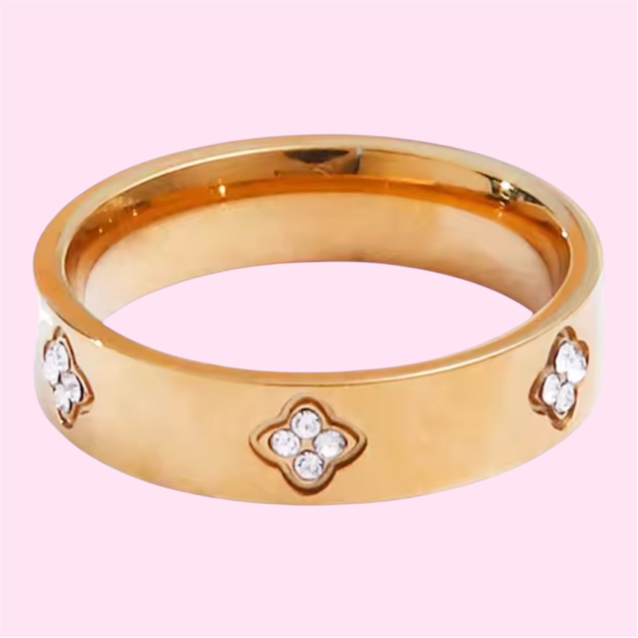 Golden Zircon Clover Stainless Steel Ring