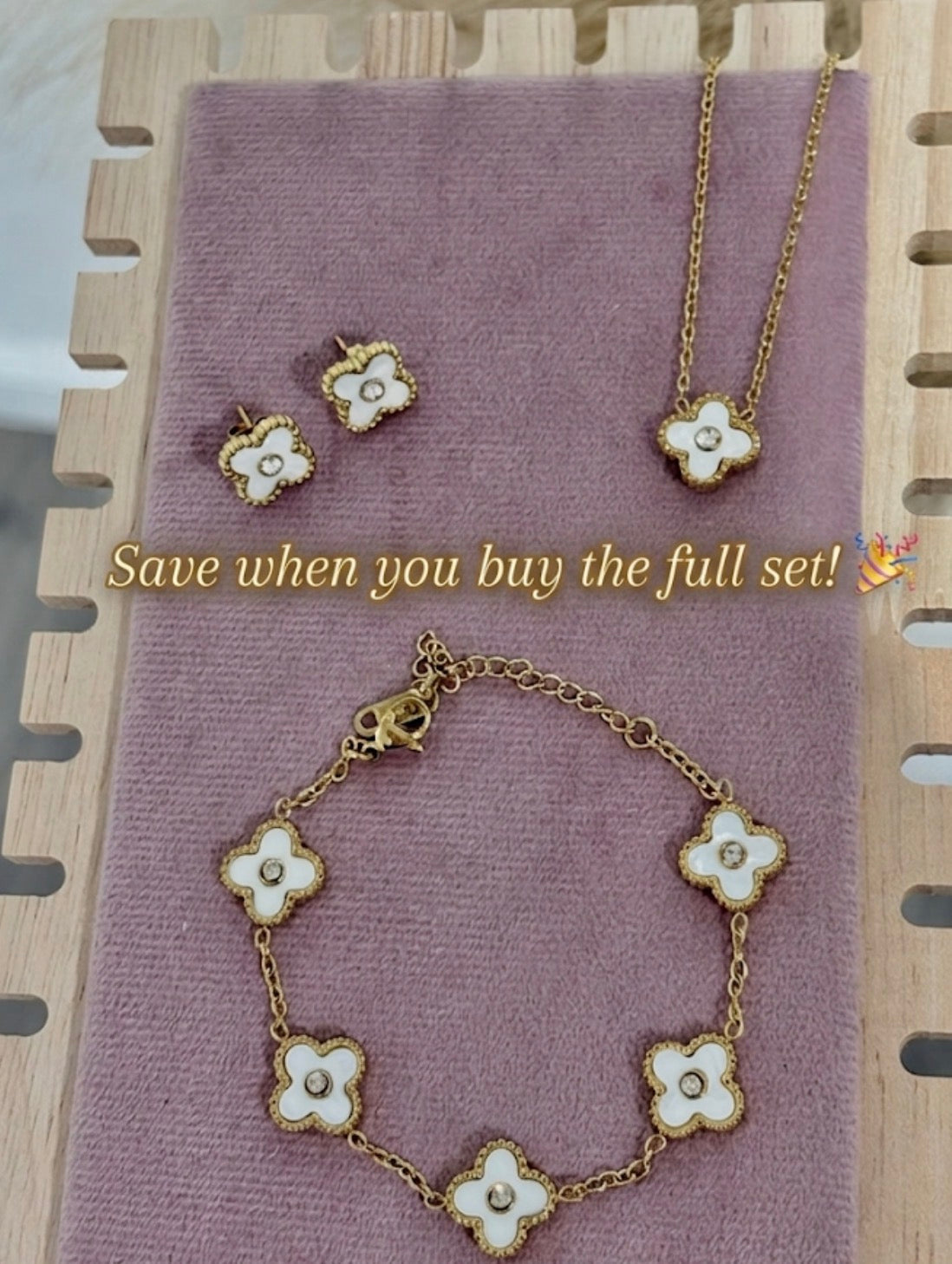 White Mini Clover Rhinestone Center Stainless Steel Jewelry Set: Necklace, Earrings, Bracelet