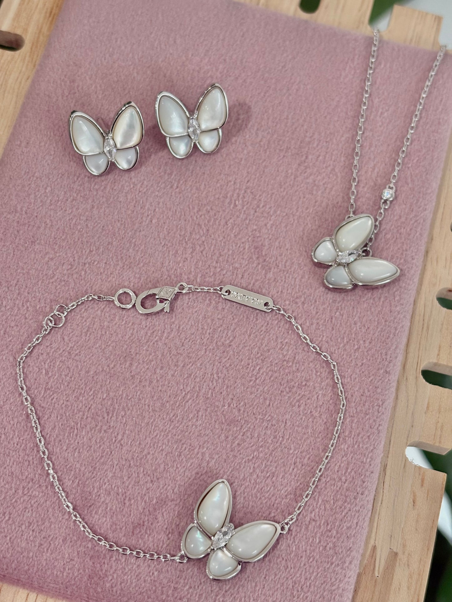 The Mother of Pearl Silver Butterfly Rhinestone Set: Necklace, Bracelet, Earrings