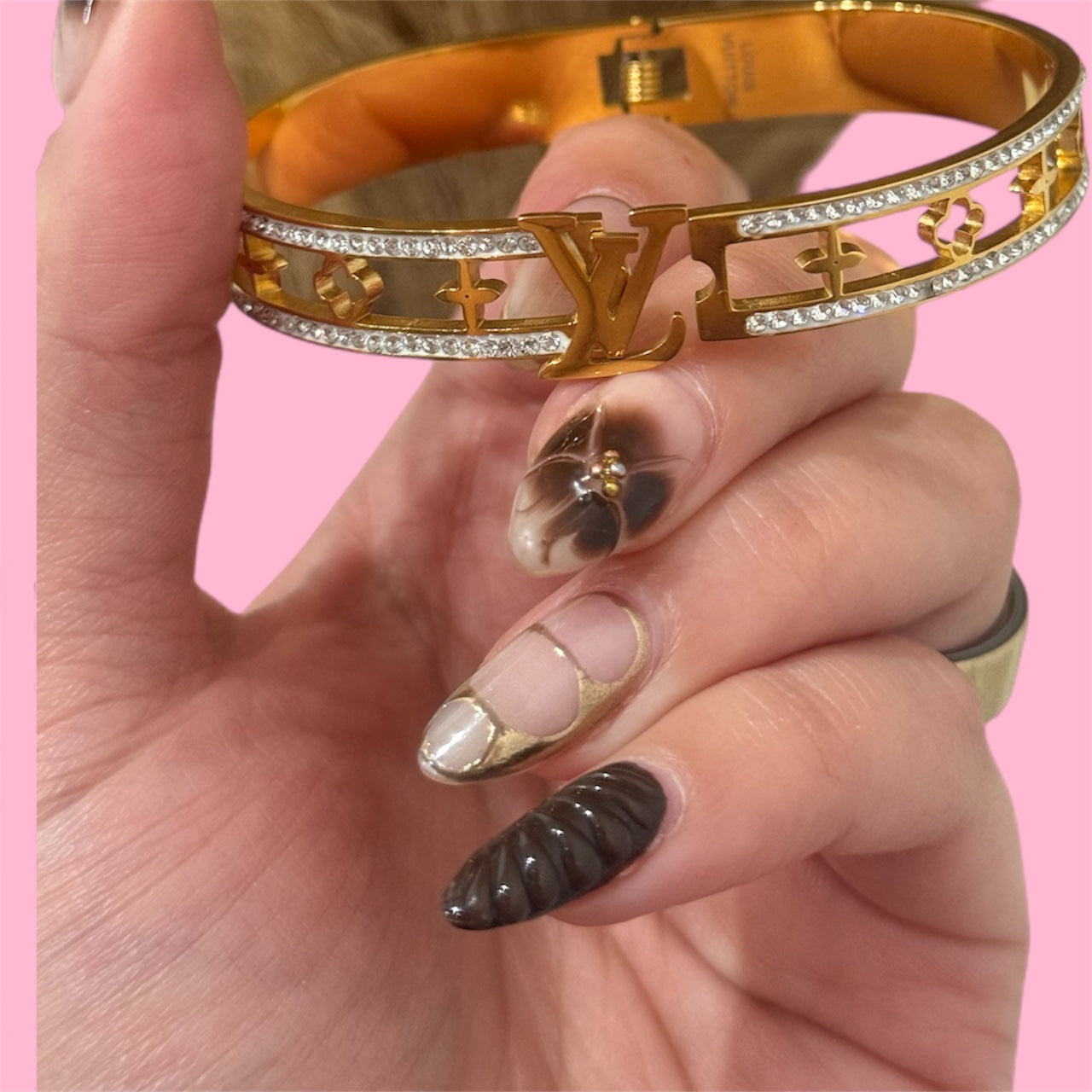 LV Zircon Clover Bangle Stainless Steel Bracelet: Silver & Gold