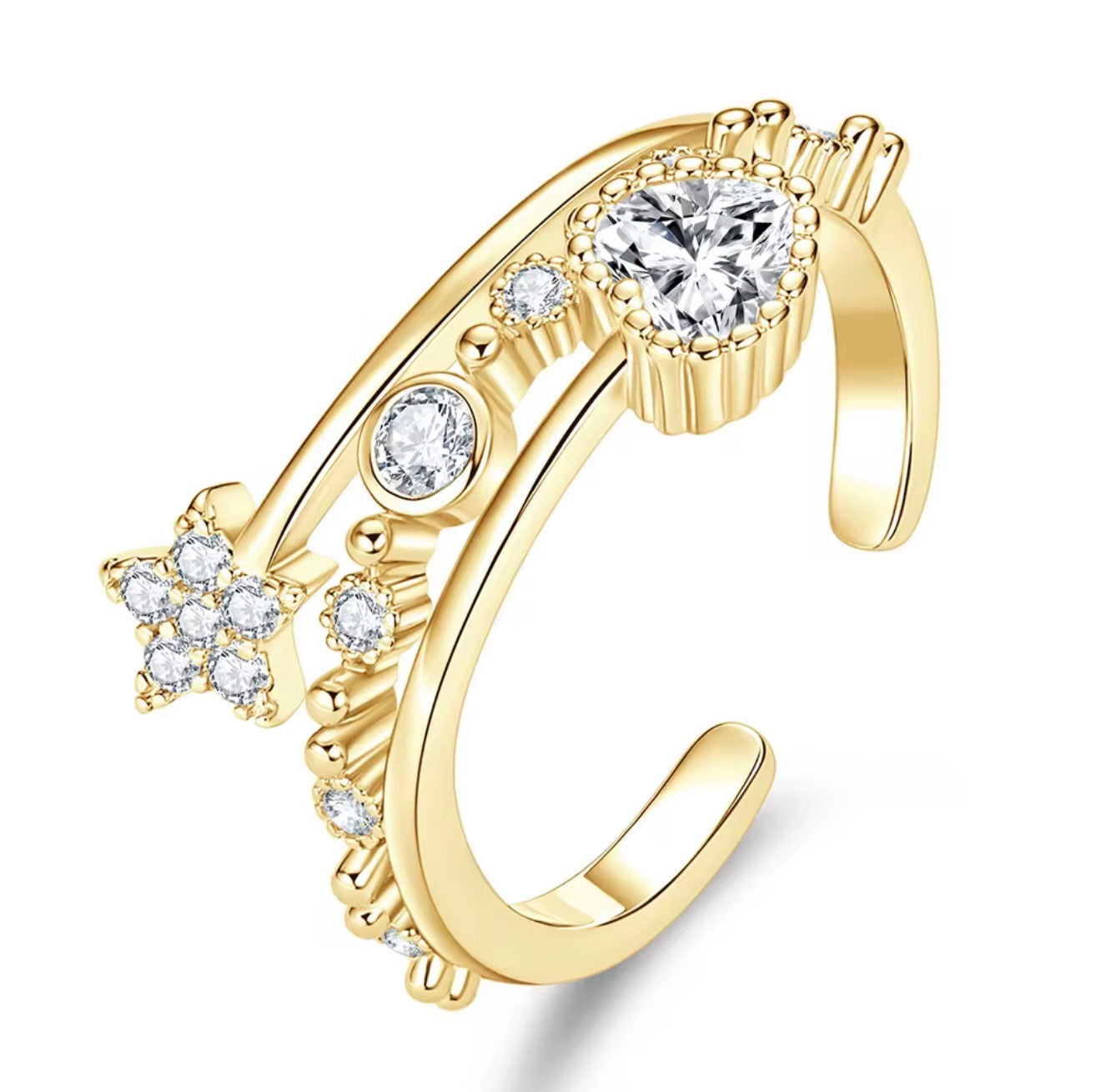 Dazzling Star & Heart Moissanite Adjustable Ring – Gold Filled & White Gold Filled Open-Band Celestial Ring