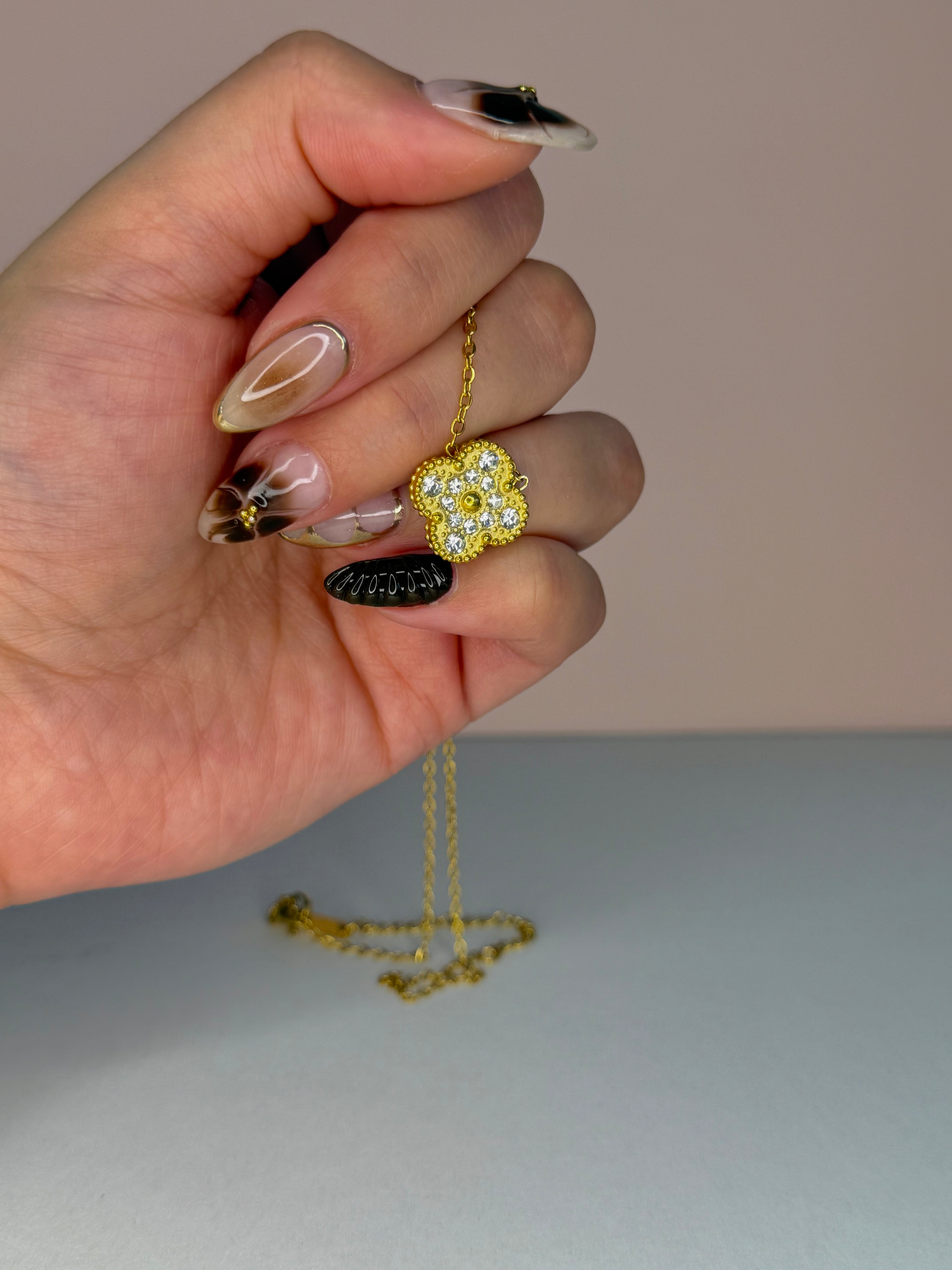 Brown & Gold Clover Jewelry Set: Necklace, Earrings, and Bracelet