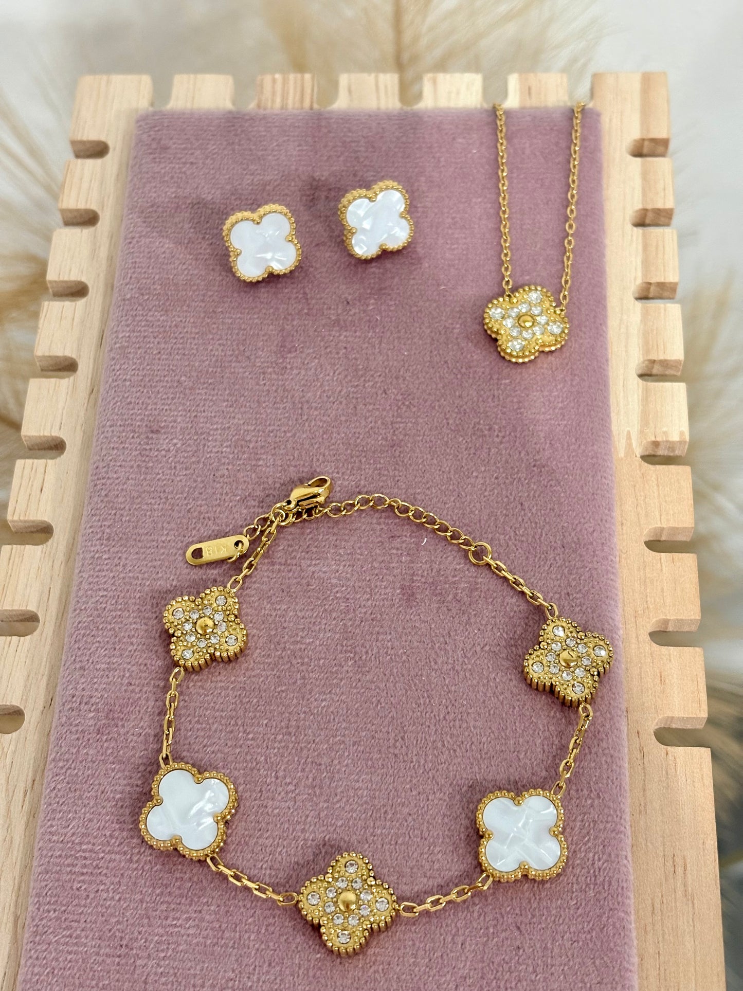 Mother Of Pearl White and Gold Clover Stainless Steel Jewelry Set: Necklace, Earrings, Bracelet