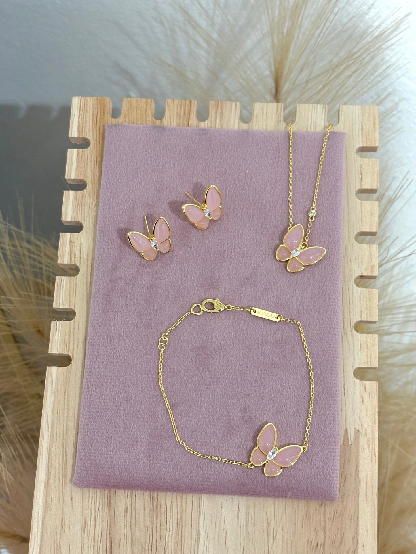 Rose Quartz Butterfly Rhinestone Set: Necklace, Bracelet, Earrings