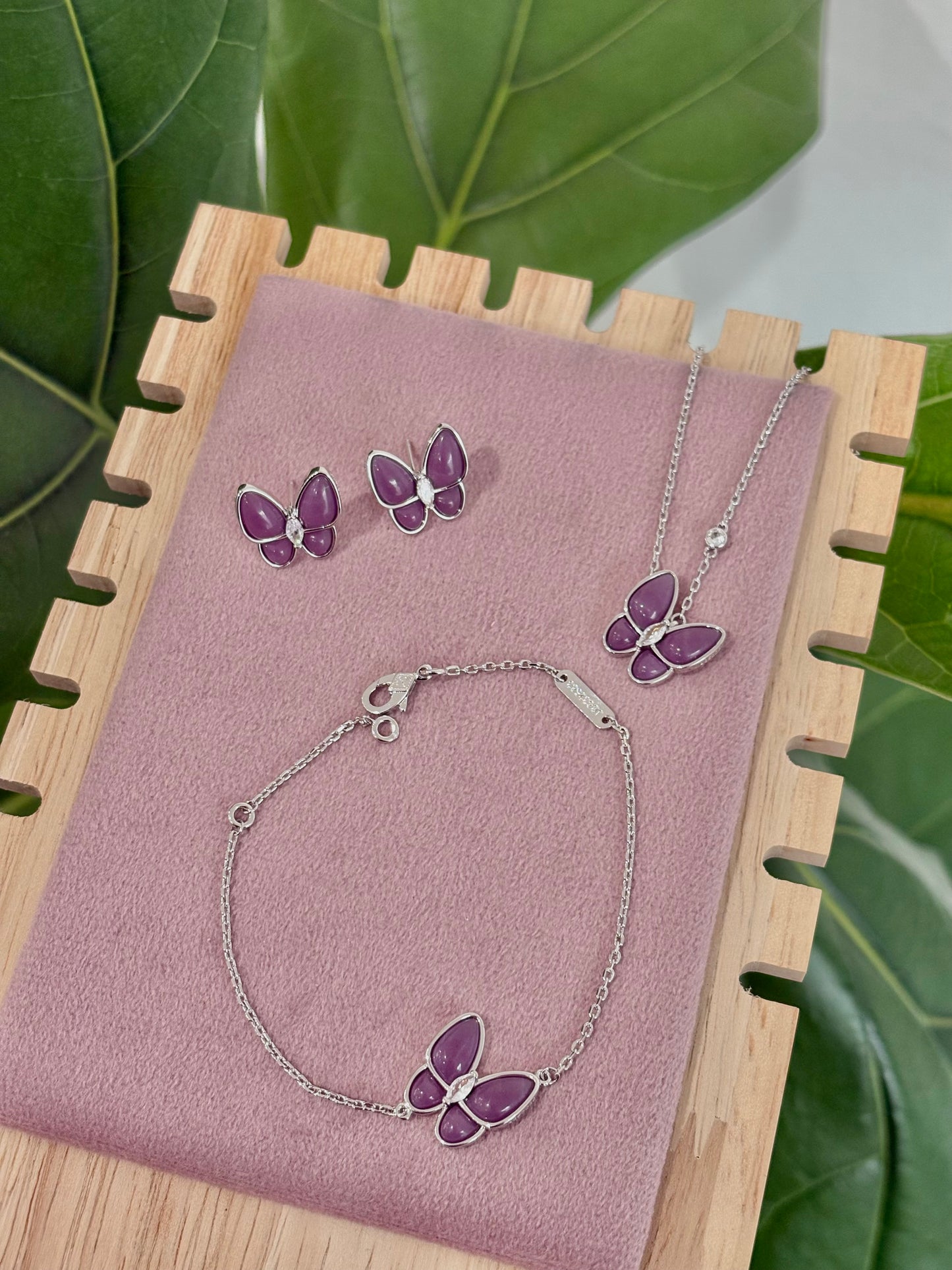 Purple Silver Butterfly Rhinestone Set: Necklace, Bracelet, Earrings