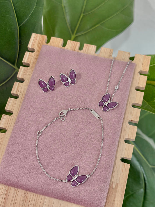 Purple Silver Butterfly Rhinestone Set: Necklace, Bracelet, Earrings