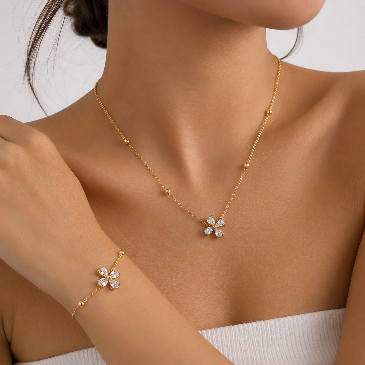 Celeste Crystal Flower Jewelry Set: Necklace and Bracelet