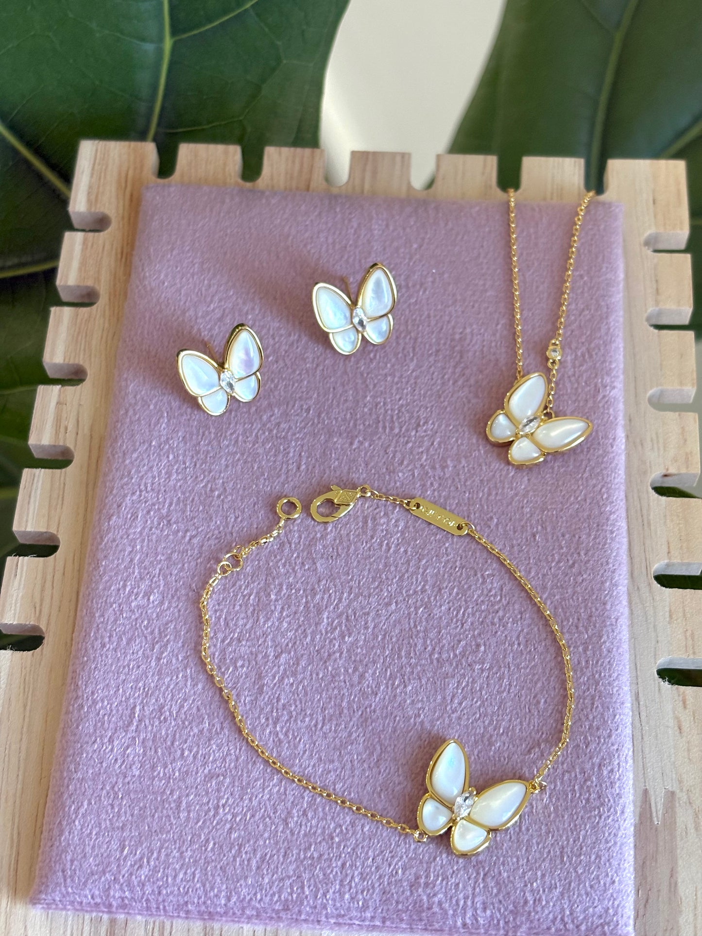 The Mother of Pearl Butterfly Rhinestone Set: Necklace, Bracelet, Earrings