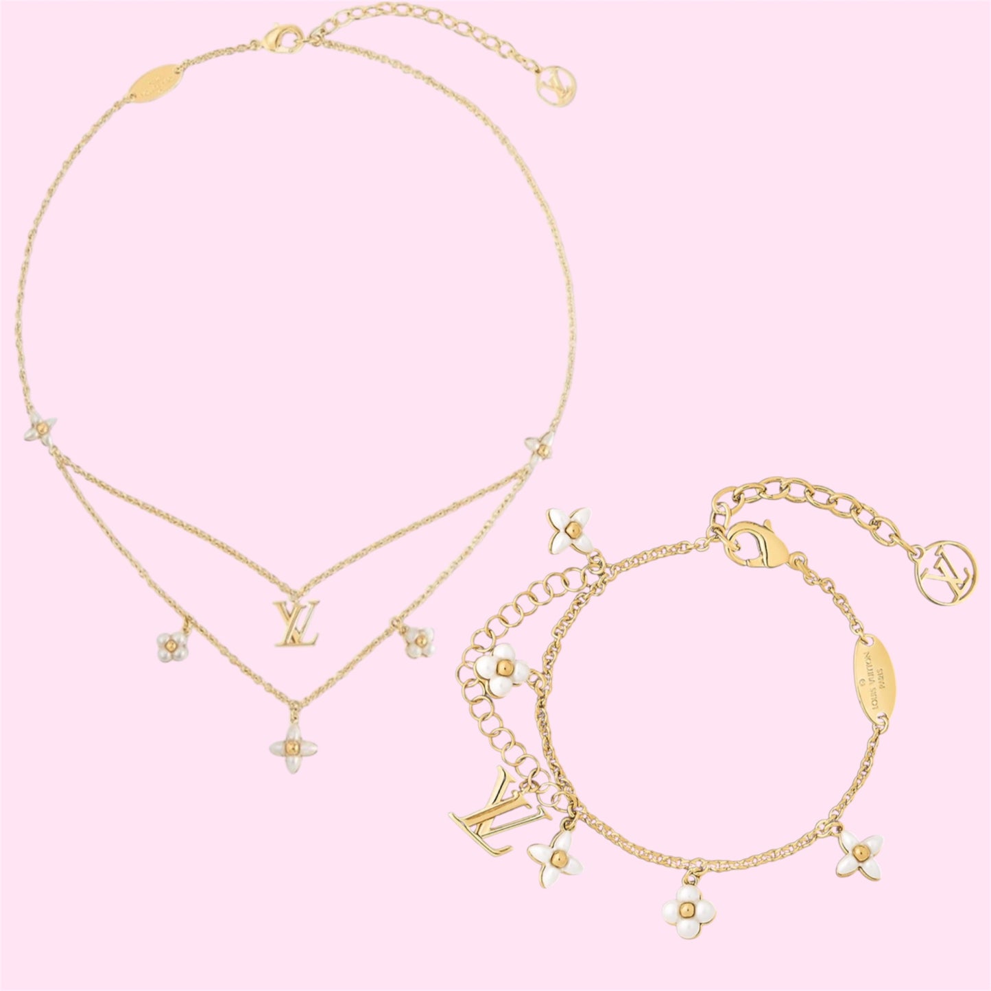 Luxe White Clover Charm Bracelet and Necklace Set Stainless Steel