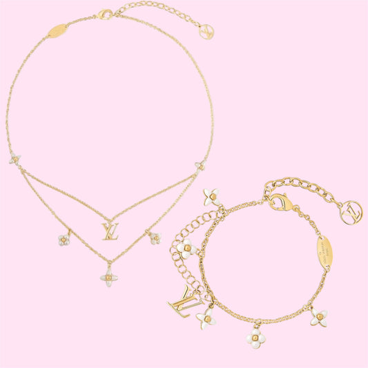 Luxe White Clover Charm Bracelet and Necklace Set Stainless Steel