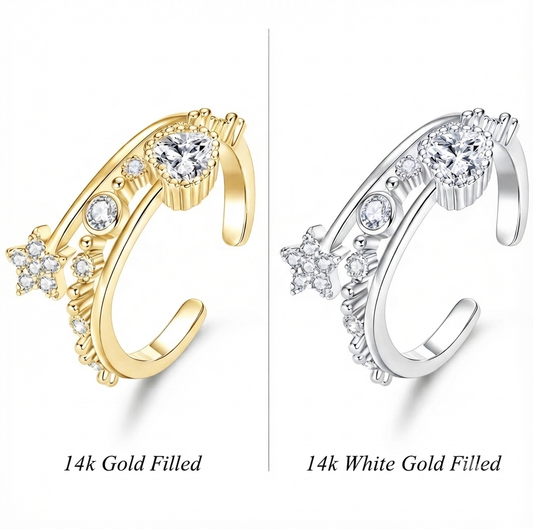 Dazzling Star & Heart Moissanite Adjustable Ring – Gold Filled & White Gold Filled Open-Band Celestial Ring