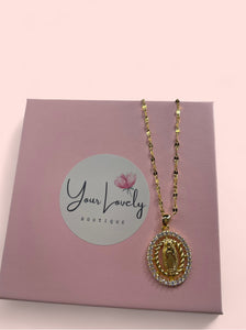 Virgin Mary Oval Rhinestone Gold Stainless Steel Necklace