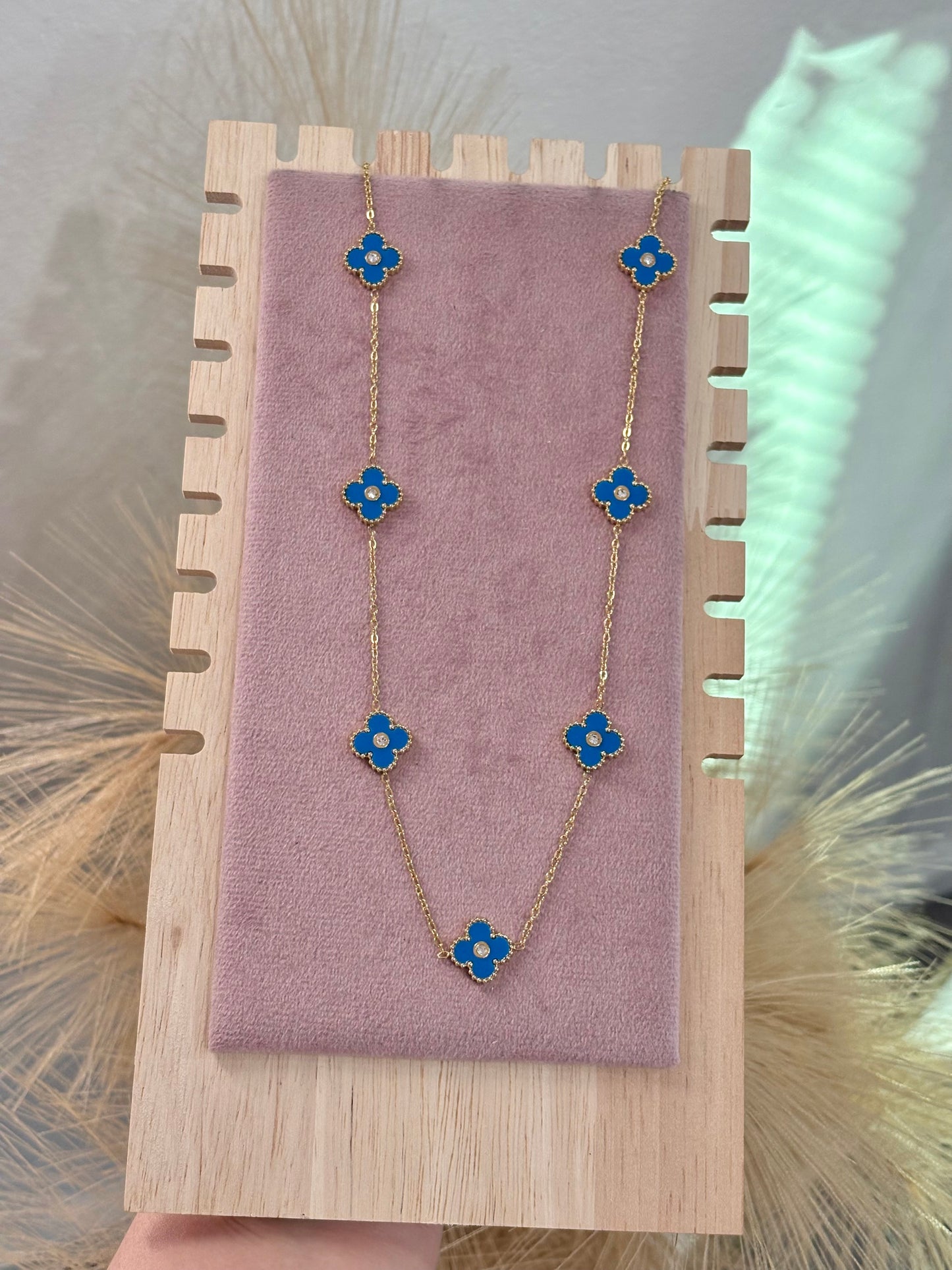 Blue Mini 7 Clover Rhinestone Center Stainless Steel Necklace