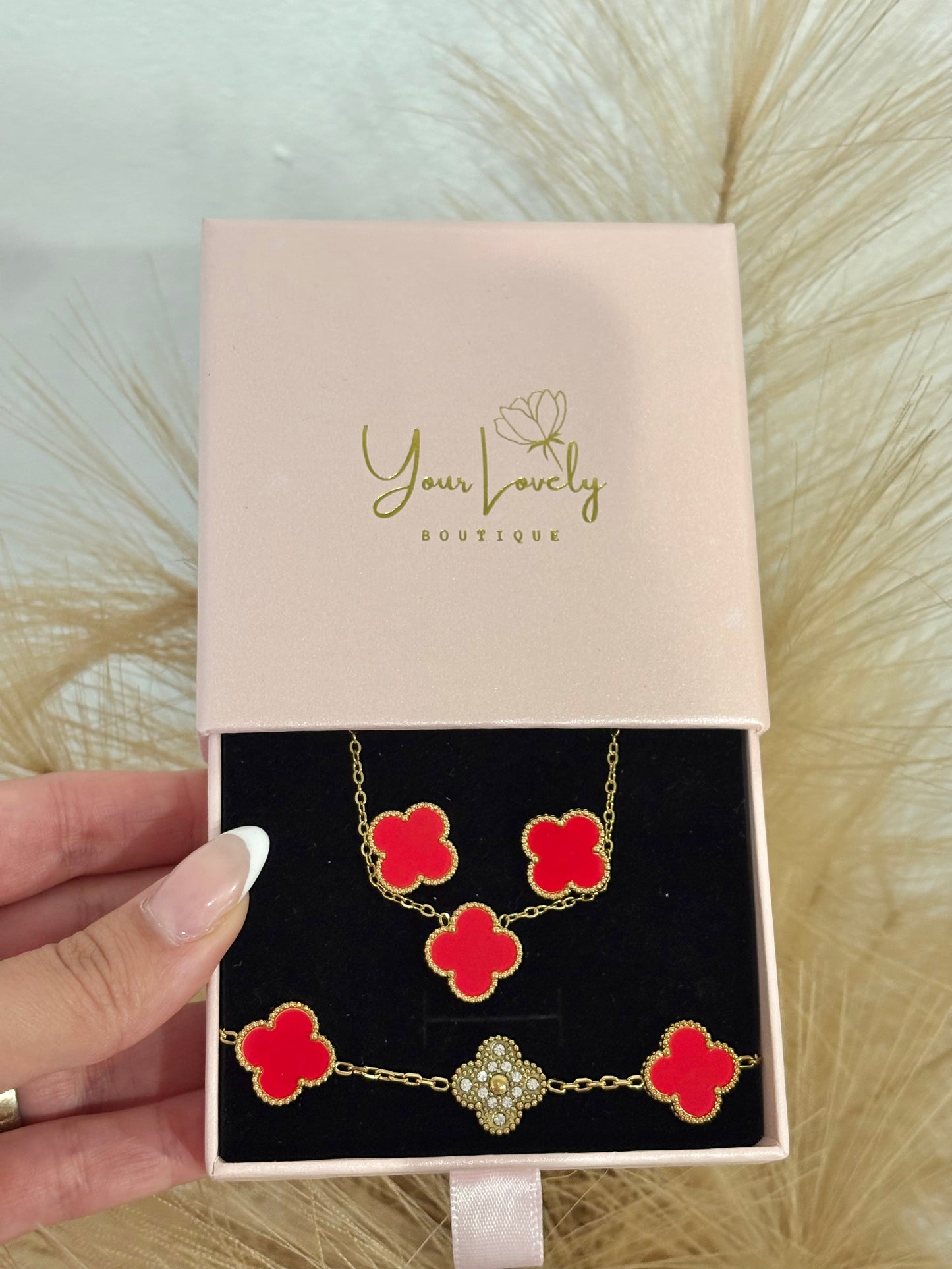 Vibrant Red and Gold Clover Stainless Steel Jewelry Set: Necklace, Earrings, Bracelet