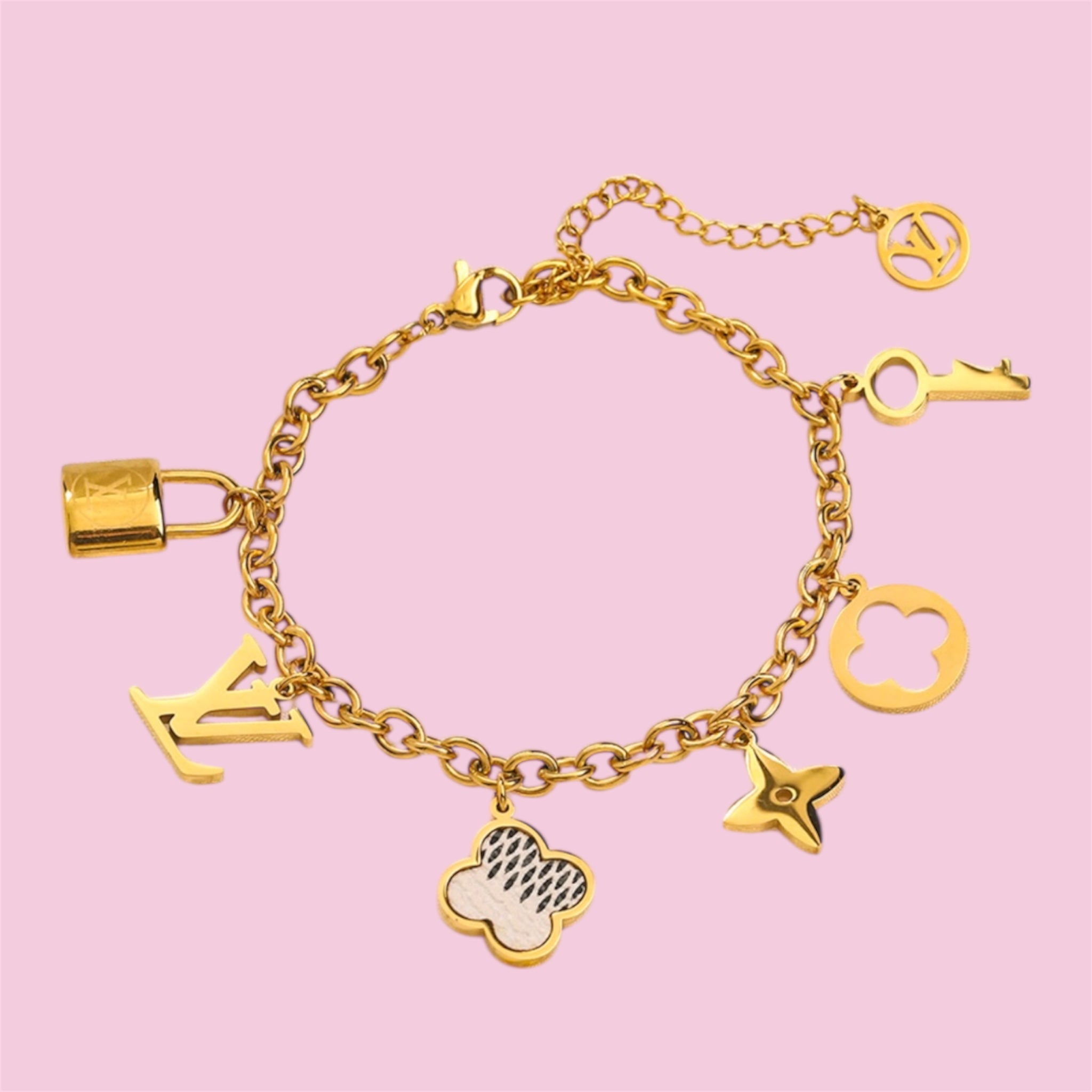 White Clover LV Charm Bracelet Stainless Steel