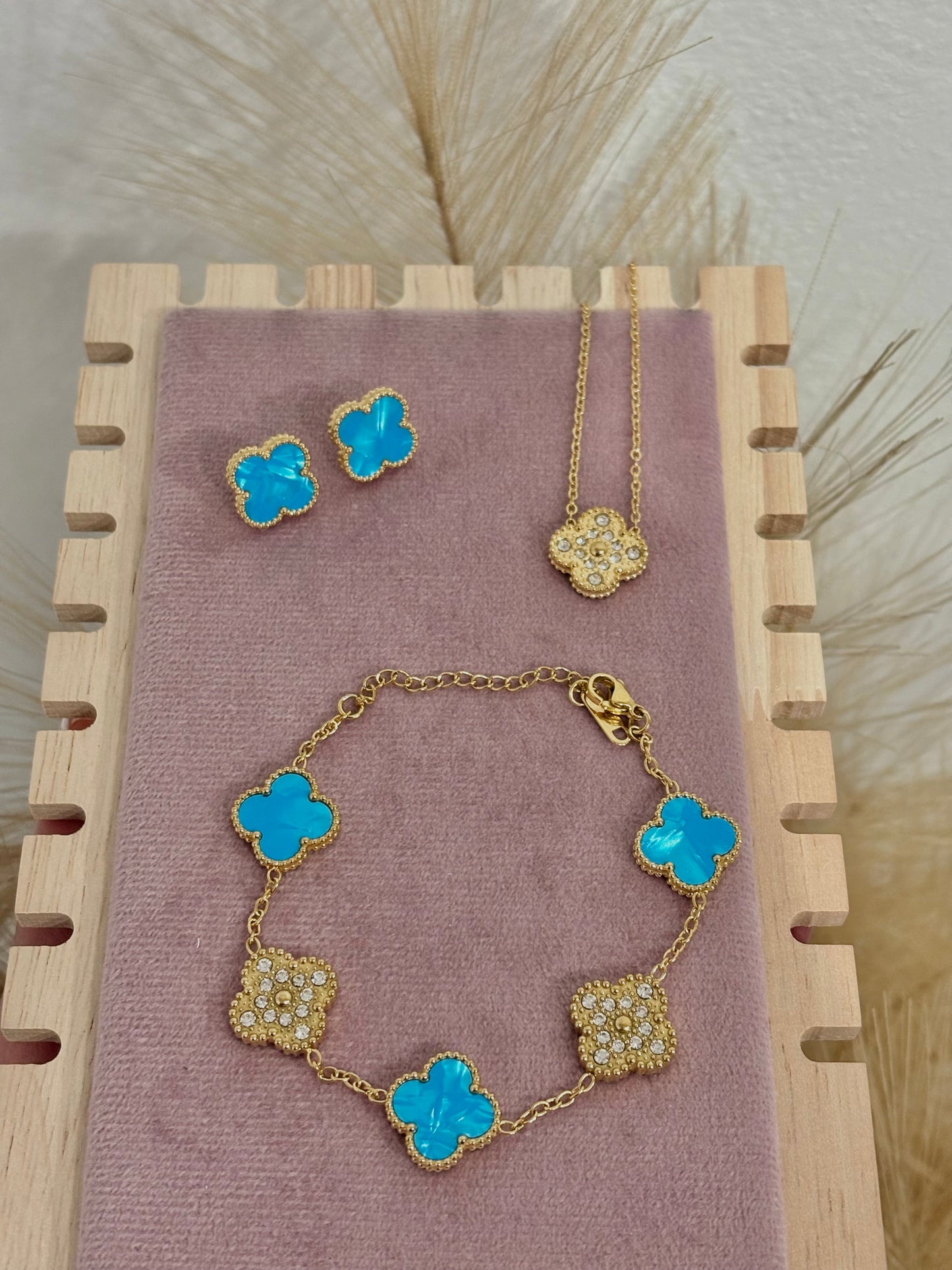 Ocean Blue Enamel & Gold Clover Stainless Steel Jewelry Set: Necklace, Earrings, Bracelet
