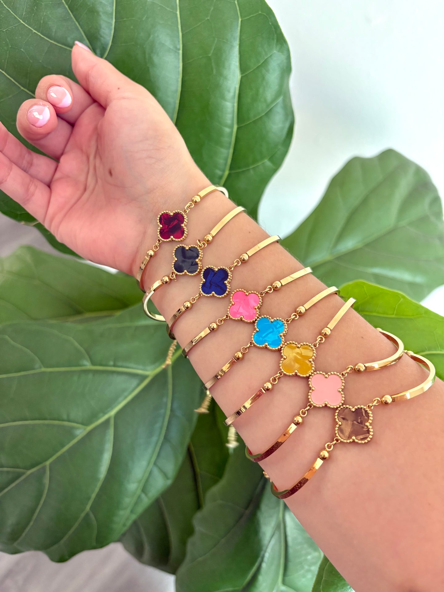 Lucky Clover Enamel Charm Bangle Stainless Steel