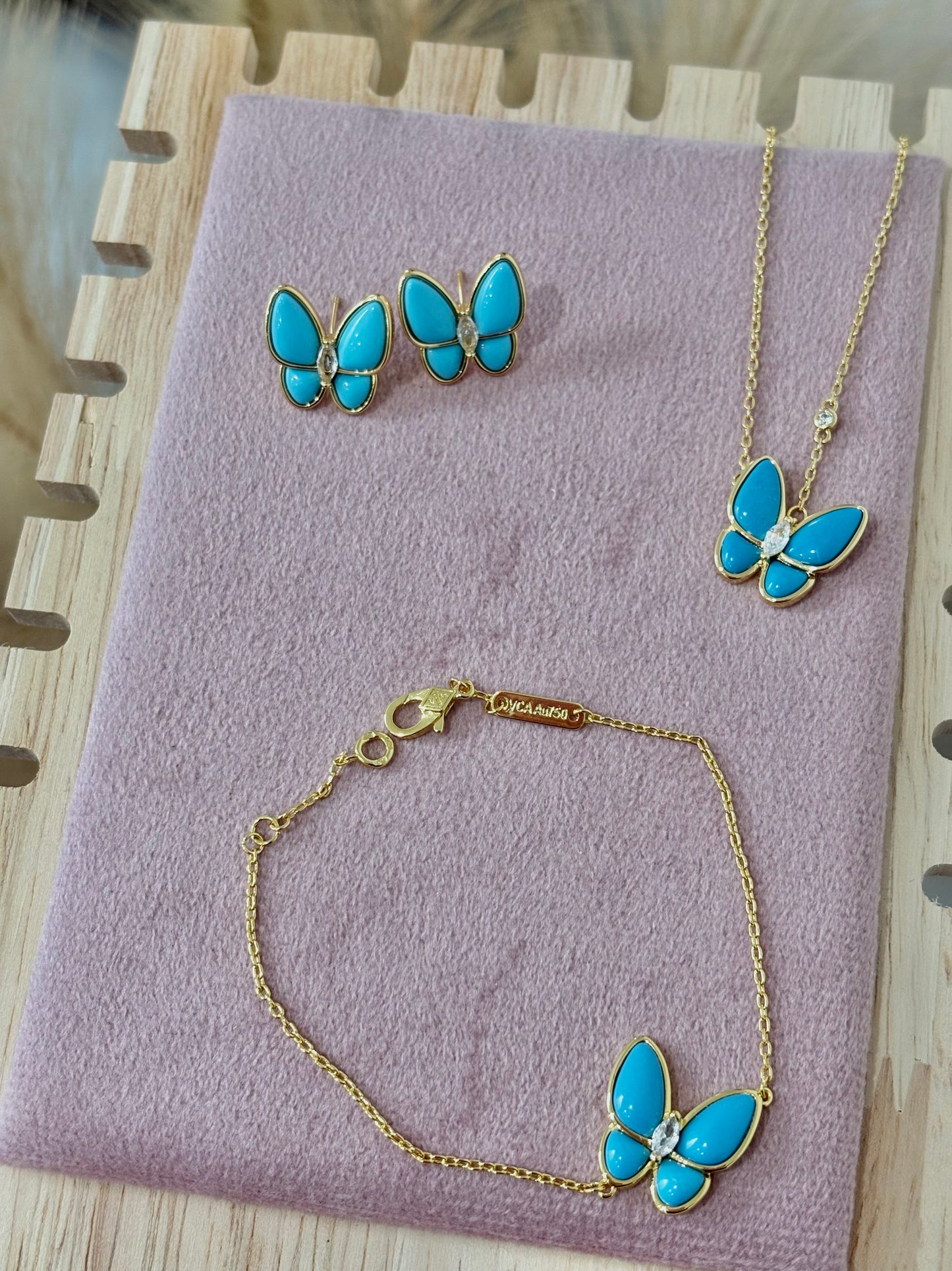 The Turquoise Gold Butterfly Rhinestone Set: Necklace, Bracelet, Earrings