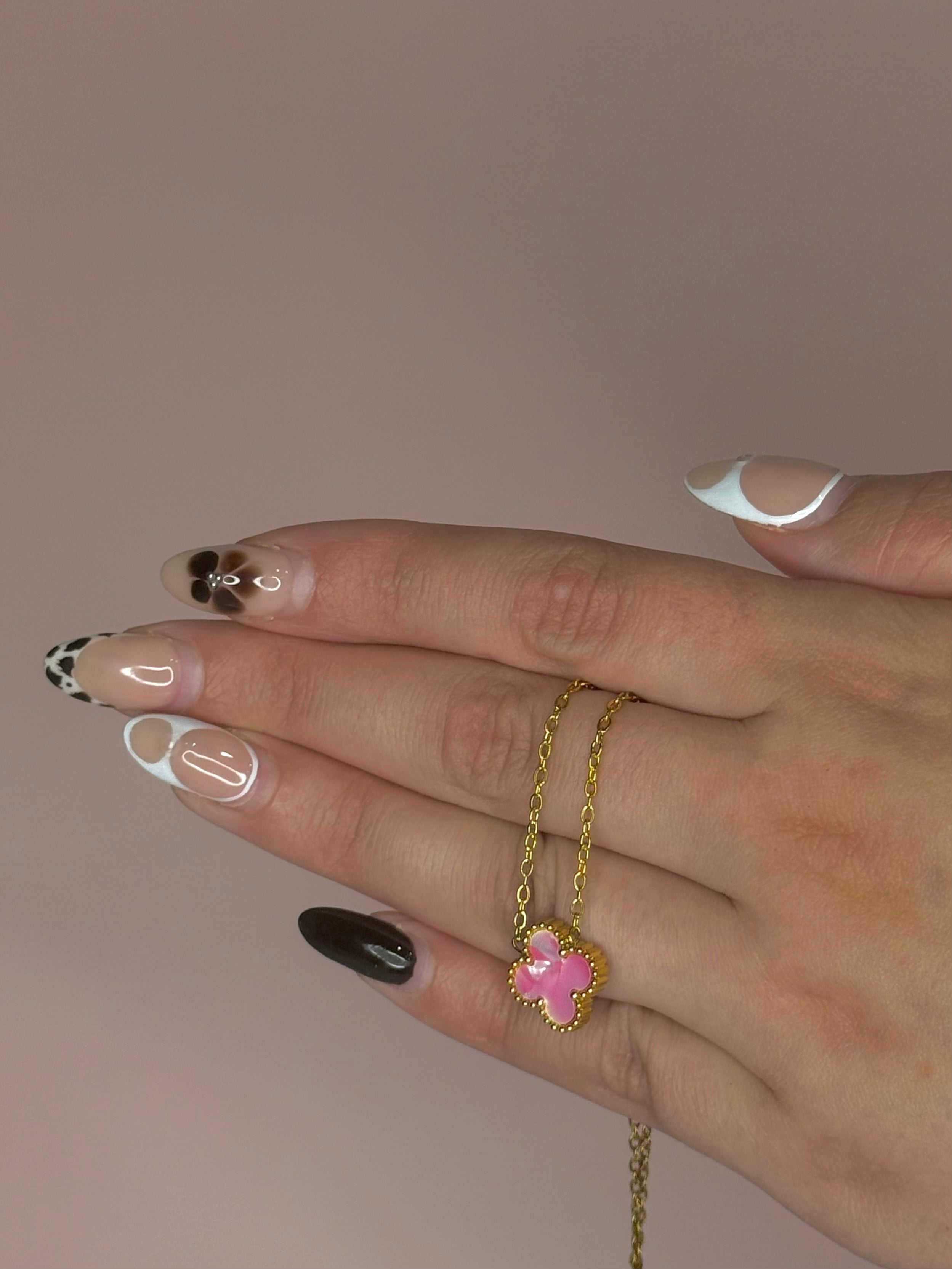 Pink Clover Stainless Steel Jewelry Set: Necklace, Earrings, Bracelet