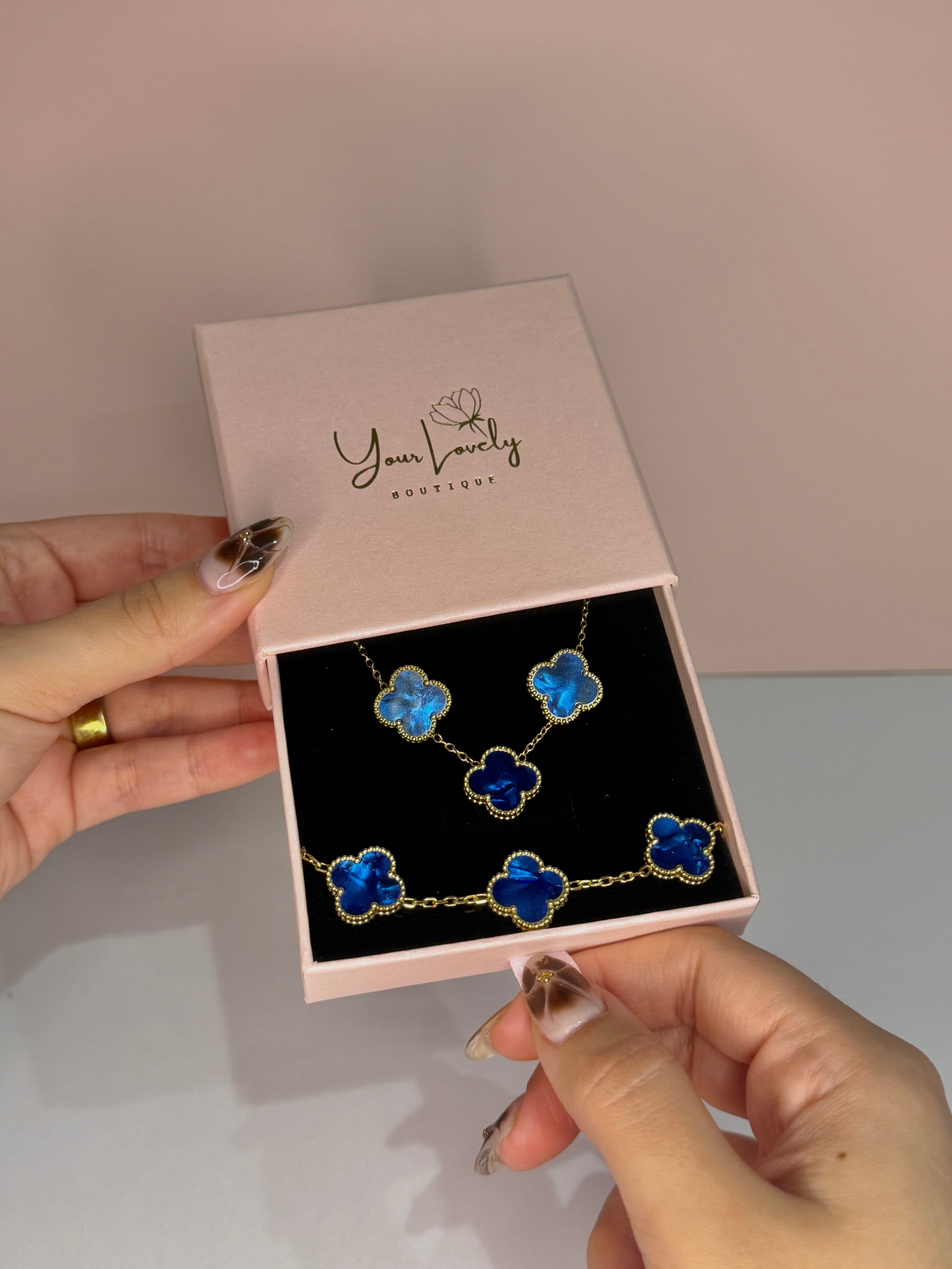 Blue Clover Stainless Steel Jewelry Set: Necklace, Earrings, Bracelet, Ring