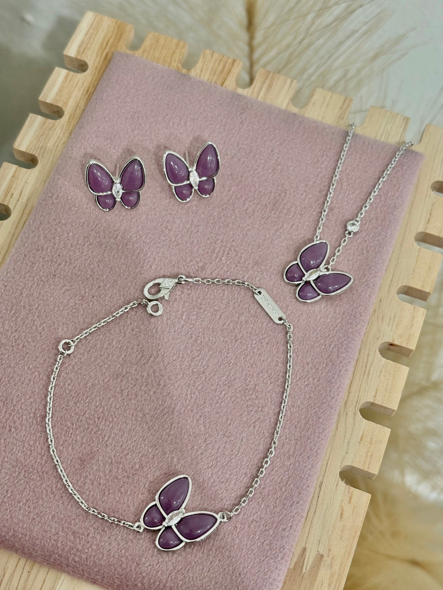 Purple Silver Butterfly Rhinestone Set: Necklace, Bracelet, Earrings