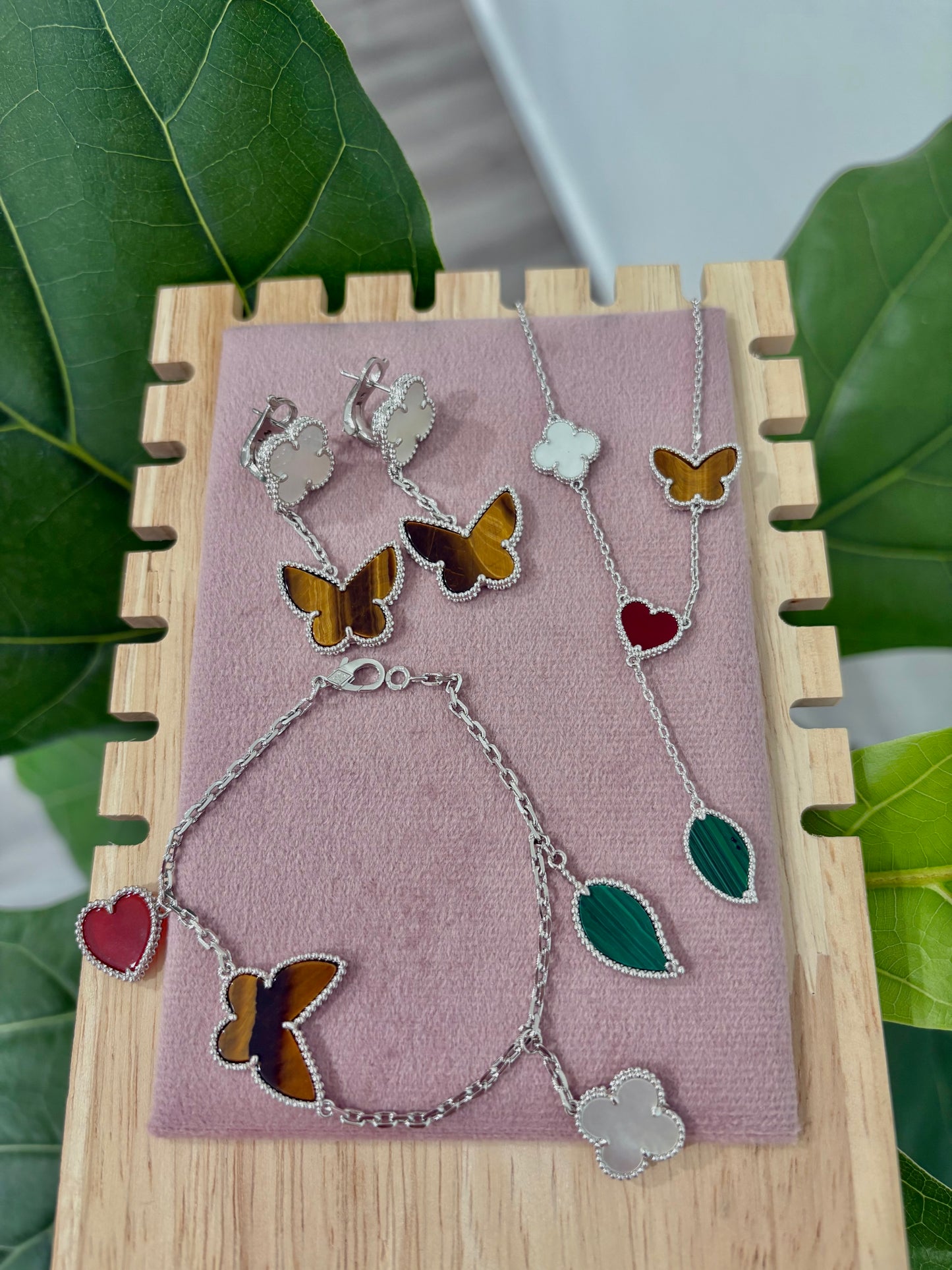 Silver Enchanted Garden Tiger Eye Multi-Motif Luxe Jewelry Set (Stainless Steel & Gold Plated)