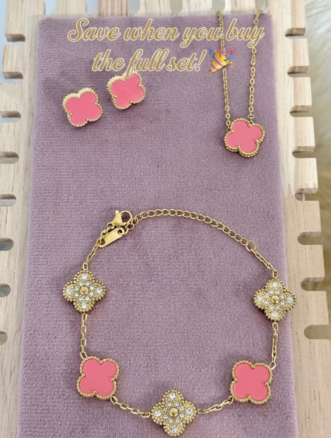 Coral Pink and Gold Clover Stainless Steel Jewelry Set: Necklace, Earrings, Bracelet