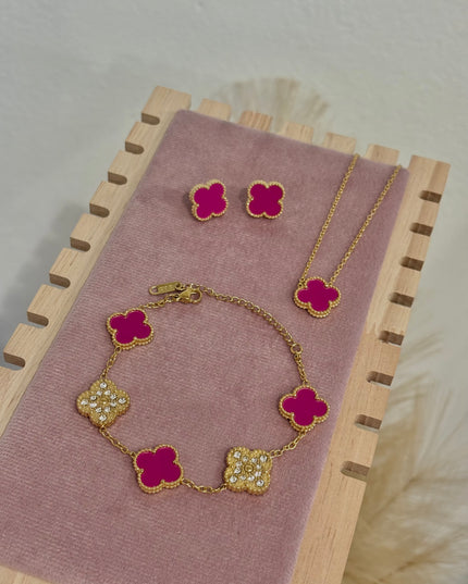 Magenta & Gold Clover Stainless Steel Jewelry Set: Necklace, Earrings, Bracelet
