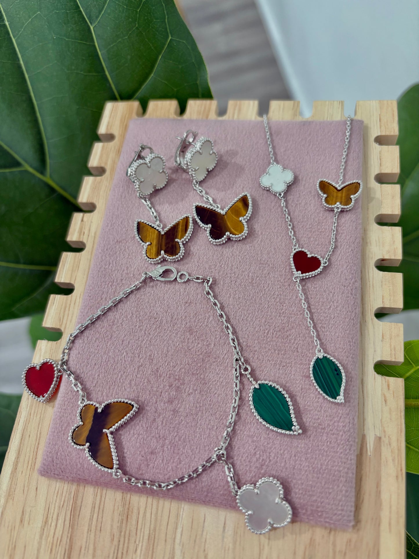 Silver Enchanted Garden Tiger Eye Multi-Motif Luxe Jewelry Set (Stainless Steel & Gold Plated)