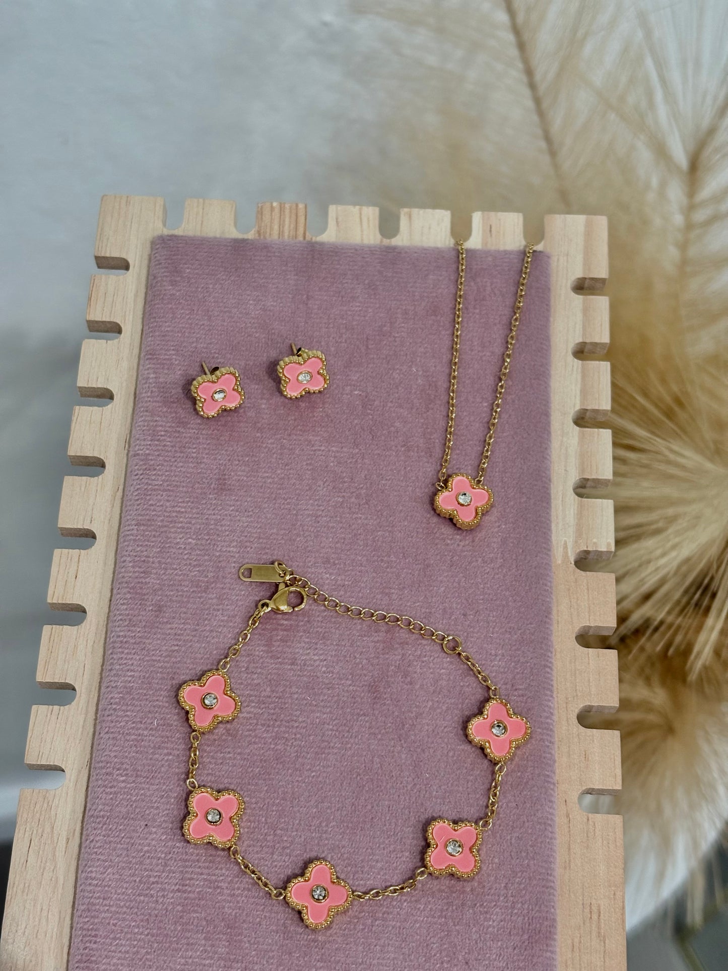 Pink Mini Clover Rhinestone Center Stainless Steel Jewelry Set: Necklace, Earrings, Bracelet