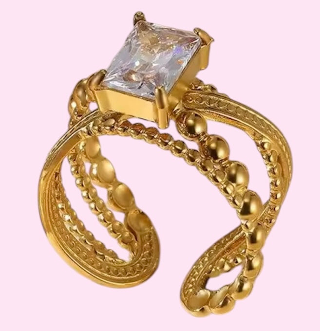 Beaded Zircon Adjustable Stainless Steel Ring: Emerald Green and Crystal White