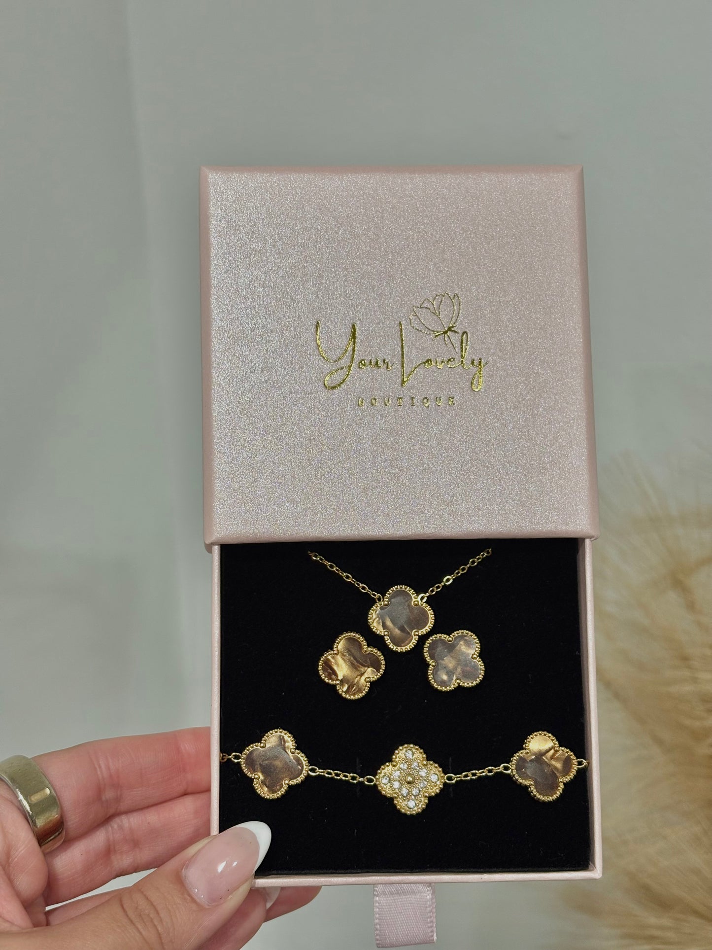 Brown Enamel & Gold Zirconia Clover Stainless Steel Jewelry Set: Necklace, Earrings, Bracelet