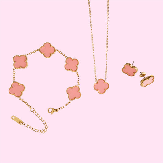 Pastel Pink Clover Stainless Steel Jewelry Set: Necklace, Earrings, Bracelet