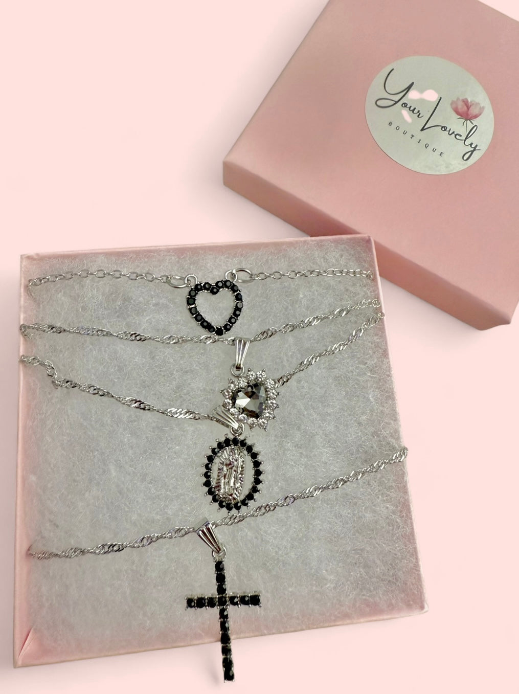 Silver Black Heart Hollow Pendant Necklace
