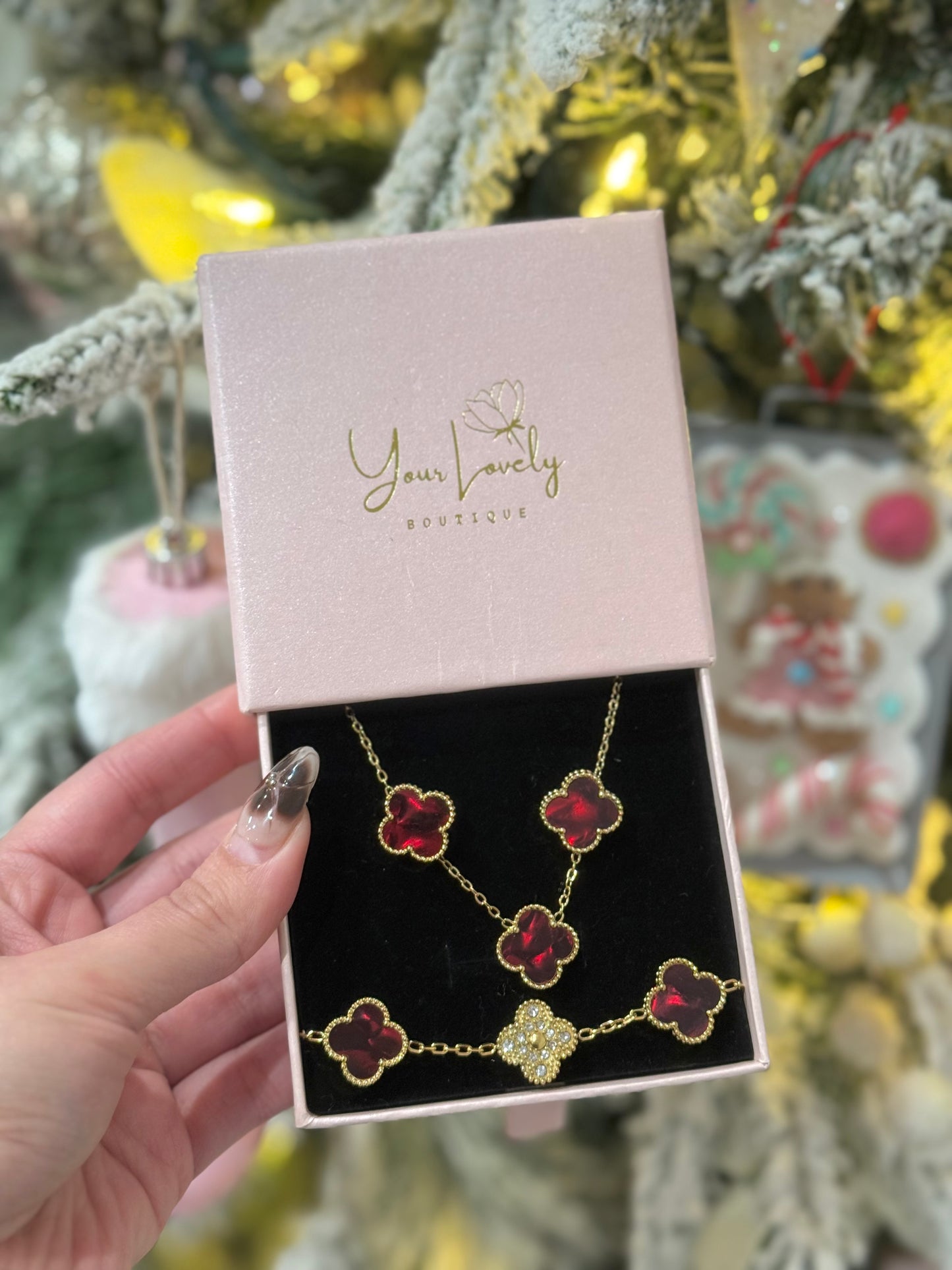 Deep Red Enamel & Gold Clover Stainless Steel Jewelry Set: Necklace, Earrings, Bracelet