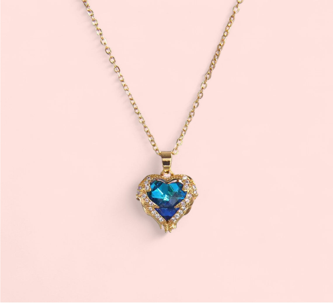 Heart & Angel Wing Blue Gold Stainless Steel Necklace