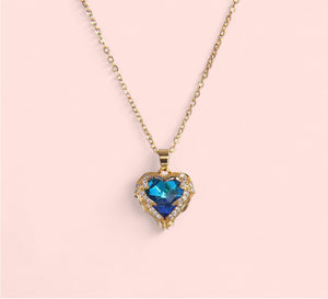 Heart & Angel Wing Blue Gold Stainless Steel Necklace
