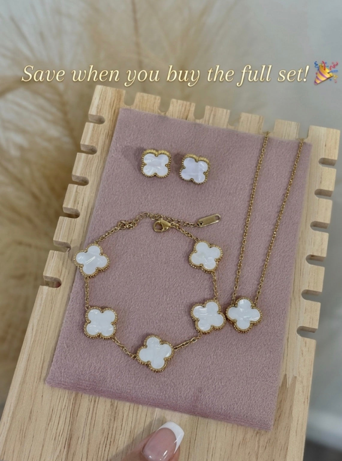 Mother Of Pearl White Clover Stainless Steel Jewelry Set: Necklace, Earrings, Bracelet