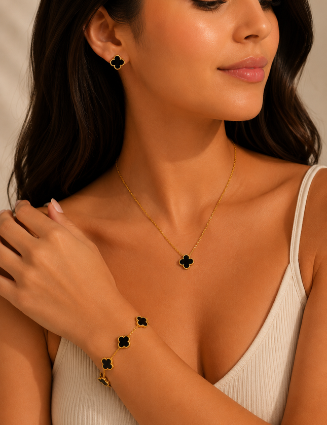 Black Clover Stainless Steel Jewelry Set: Necklace, Earrings, Bracelet